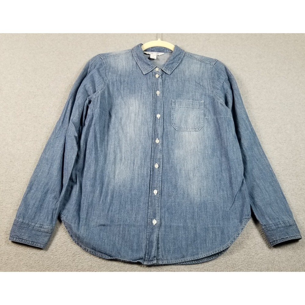 Old Navy Button Up Shirt Women Small S Blue Denim Long Sleeve Pocket Classic Top